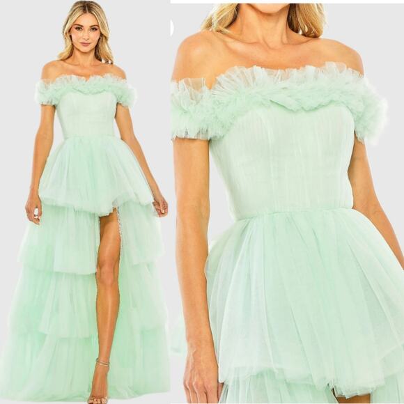 Mac Duggal 20570 Mint Green 12 Off the Shoulder High Low Tulle ball Gown Dress - Picture 1 of 10